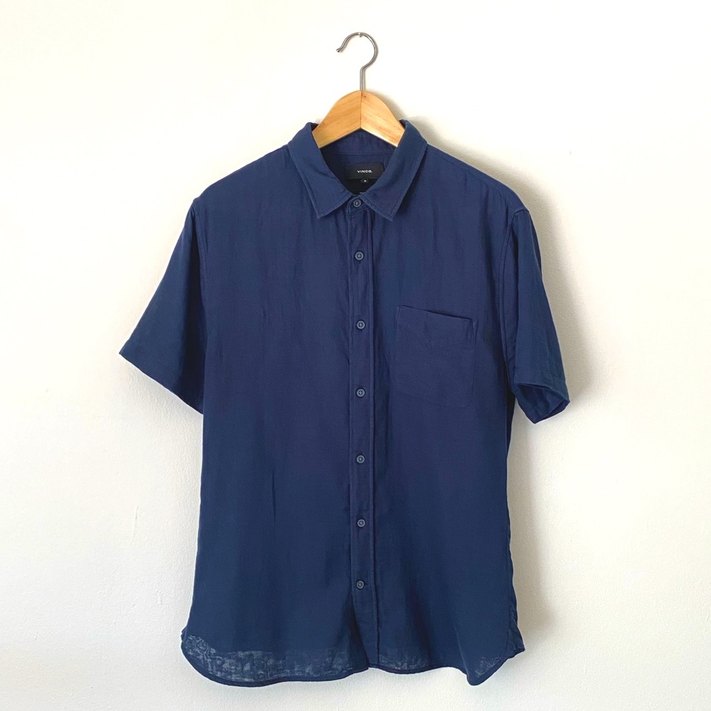 VINCE Men’s Designer Short Sleeve Button Down Shirt with Pocket Navy Blue M